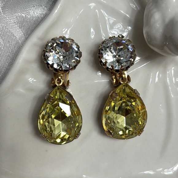 HATTIE CARNEGIE LARGE CITRINE TEARDROP CRYSTAL EARRINGS - Picture 5 of 10